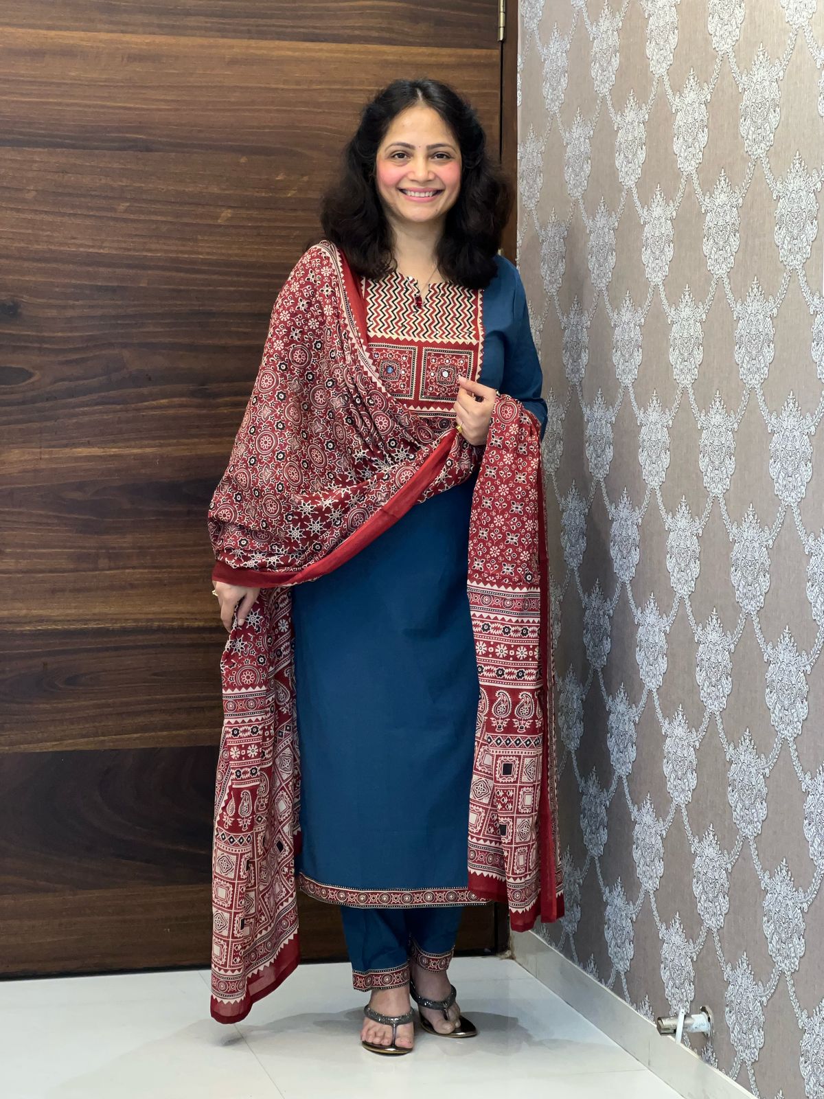 Teal-Red Colour Pure Cotton Dupatta Set
