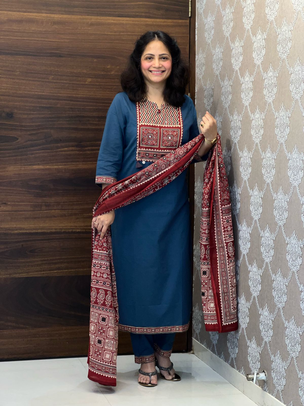 Teal-Red Colour Pure Cotton Dupatta Set