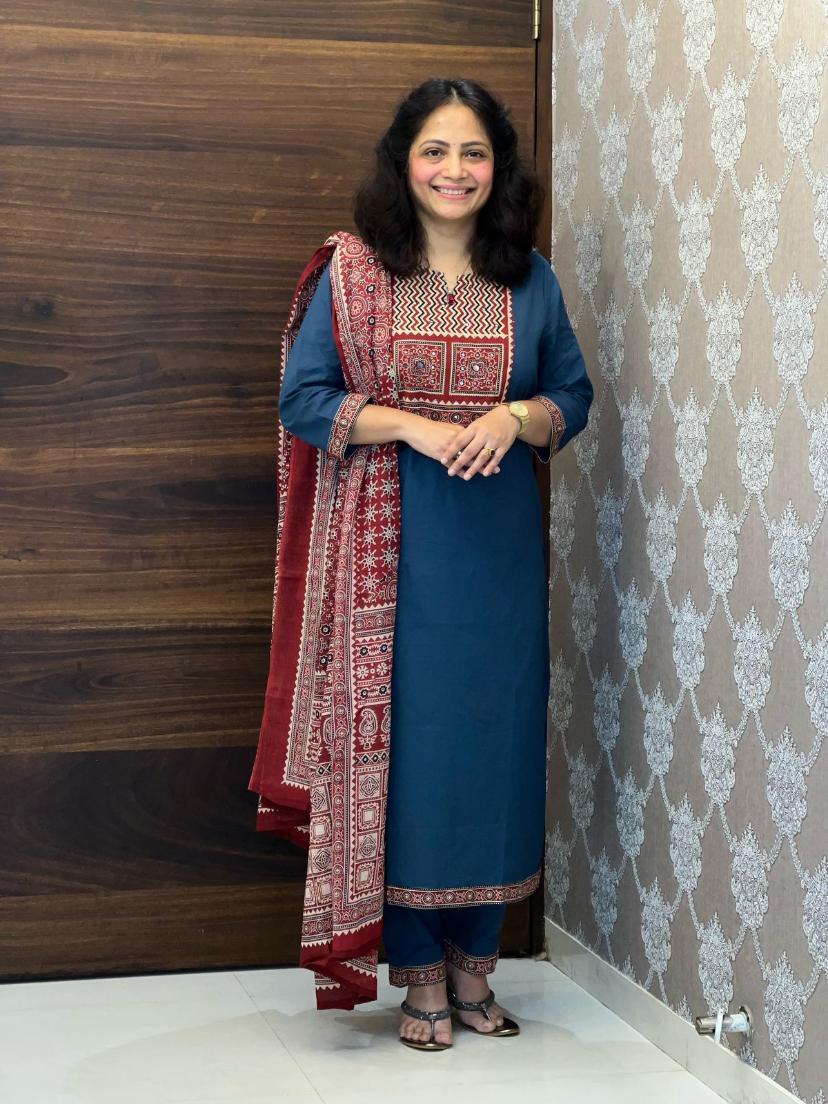 Teal-Red Colour Pure Cotton Dupatta Set