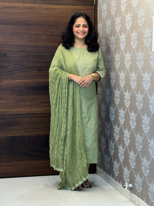 Pastel Olive Green Colour Cotton-Rayon Mix Dupatta Set