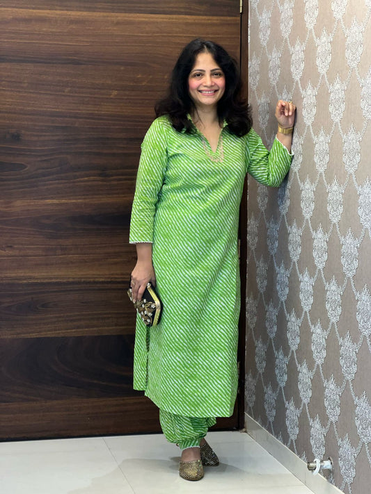 Lehariya Green Colour Pure Cotton Pathani Co-ord Set