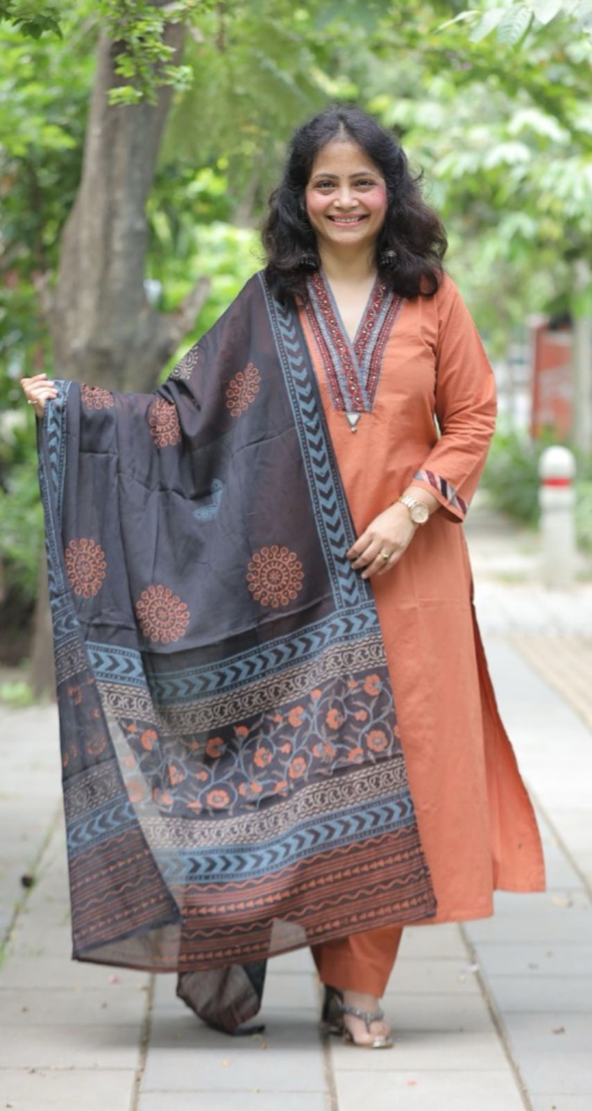 Earthy Brown Colour Applique Work Premium Cotton Dupatta Set