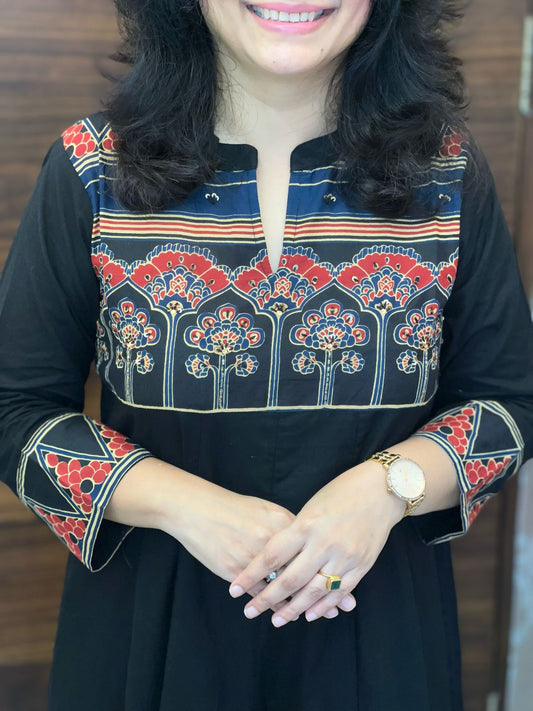Black Colour Ajrakh Print Premium Cotton Anarkali Dupatta Set