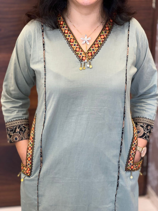 Earthy Green Color Double Side Pocket Dupatta Set