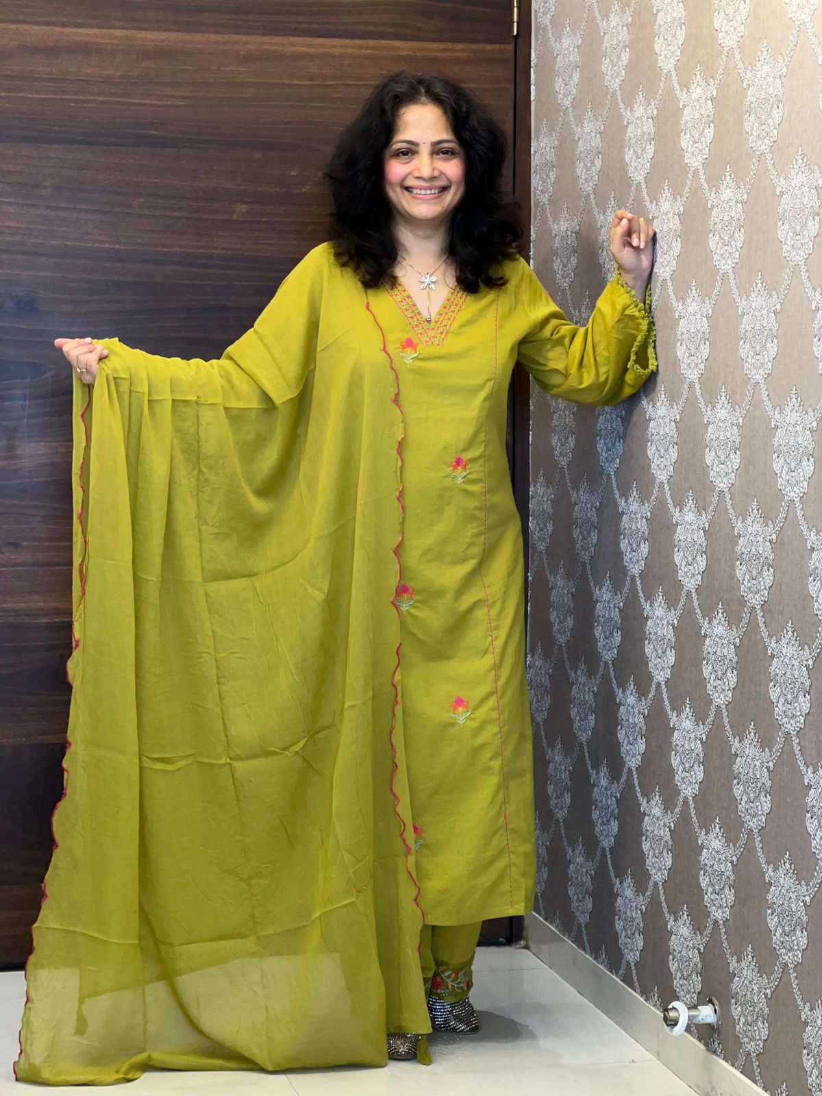 Greenish-Yellow Color Pure Cotton Dupatta Set