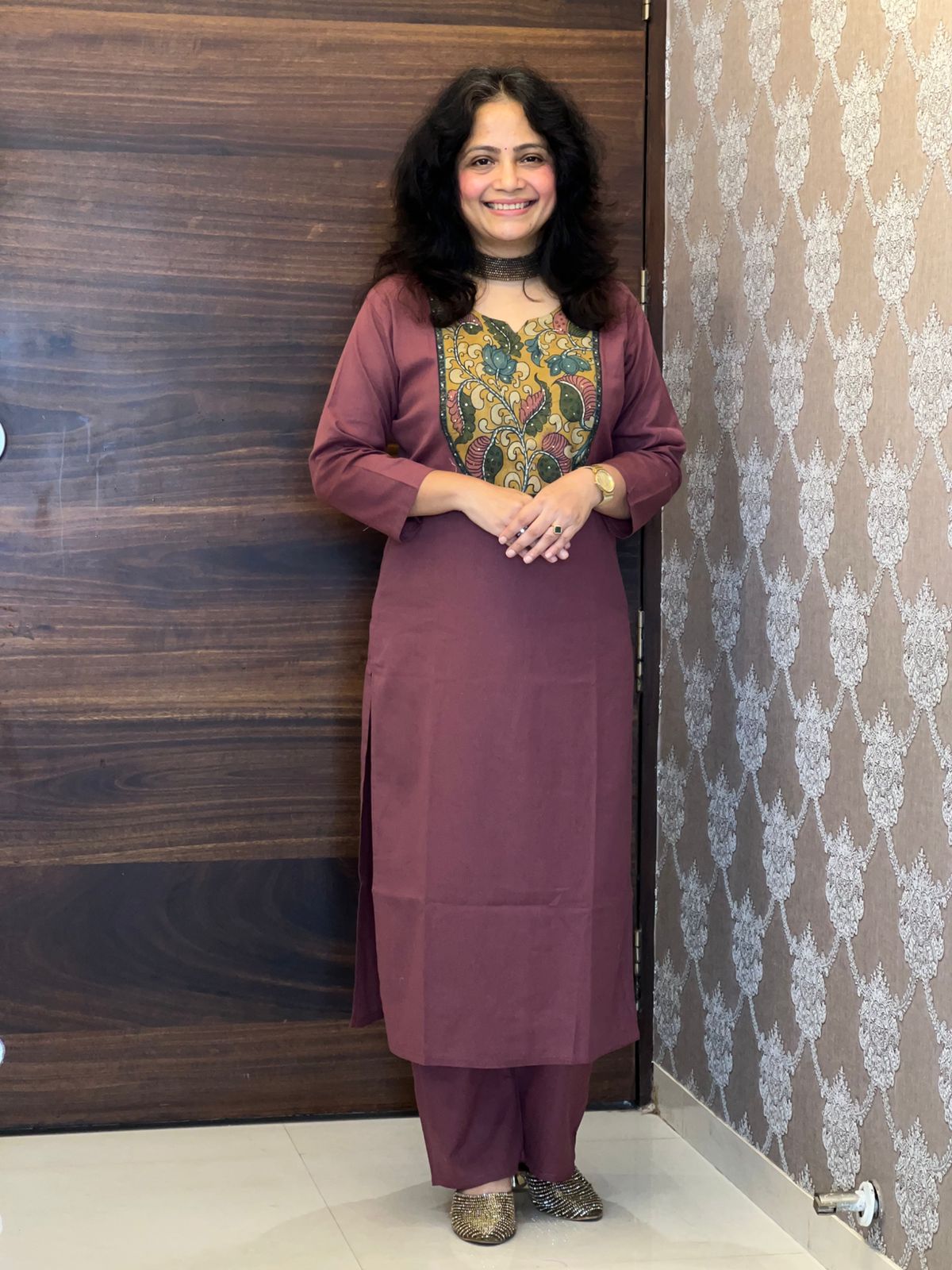 Dusty Mauve Colour Kalamkari Dupatta Set