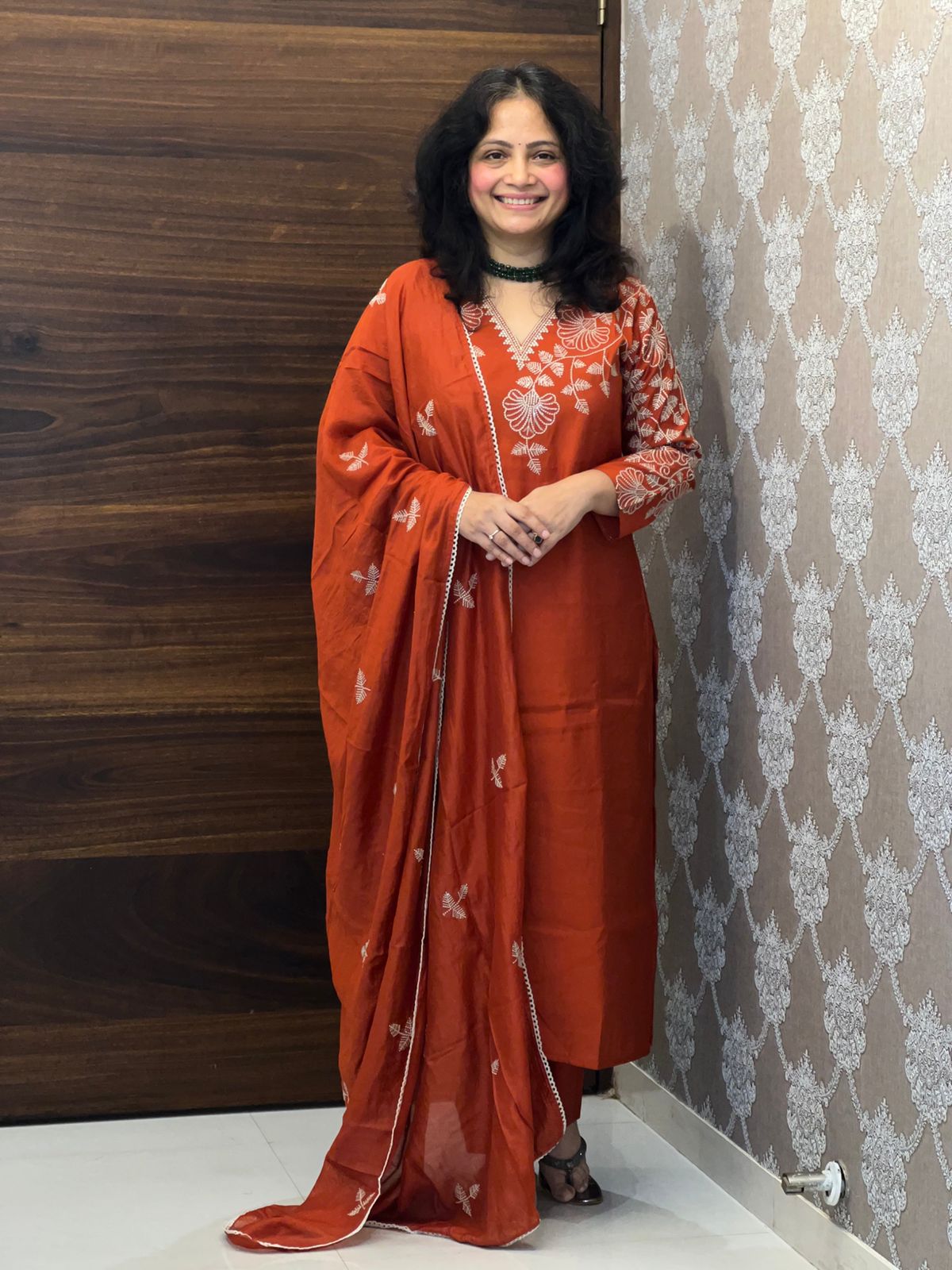 Rust Color Roman Silk Dupatta Set