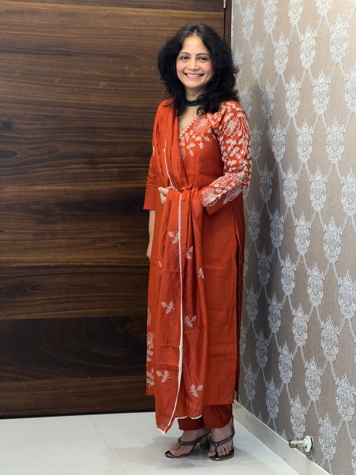 Rust Color Roman Silk Dupatta Set