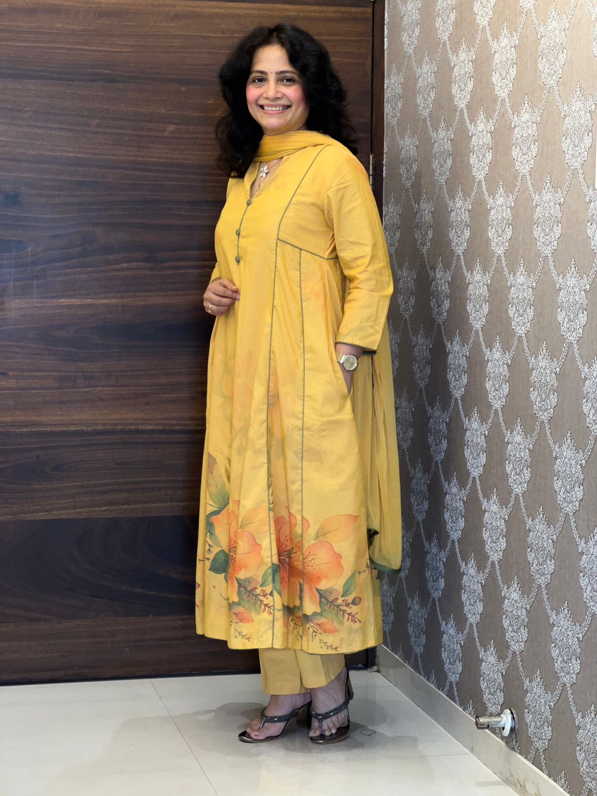 Mustard Yellow Color Digital Printed Cotton Flex Dupatta Set