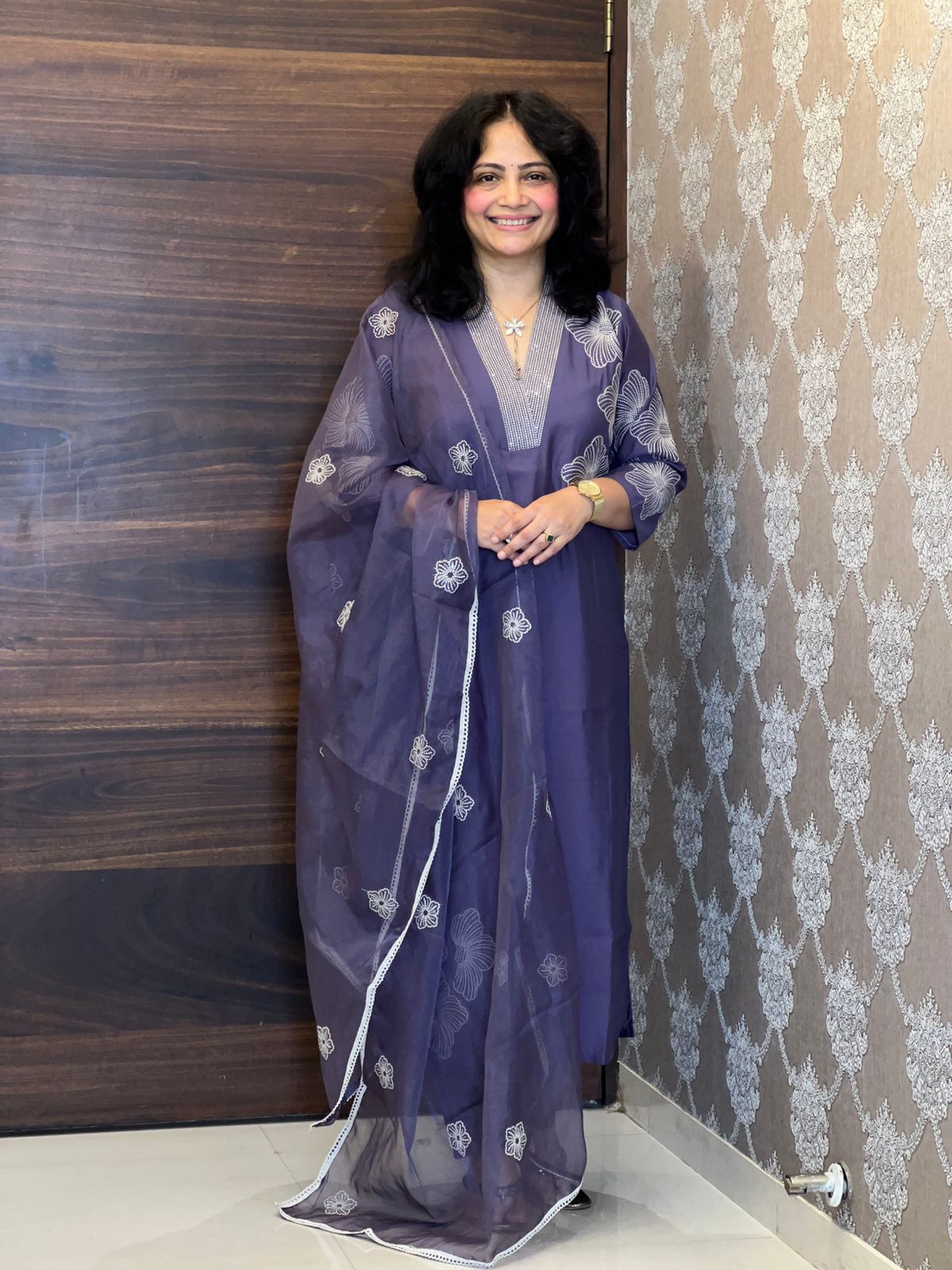 Dusty Lavender Color Roman Silk Dupatta Set