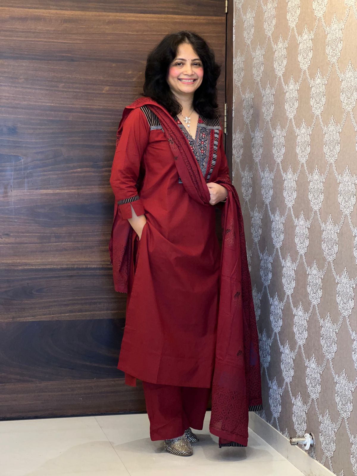 Maroon Color Ajrakh Pure Cotton Dupatta Set