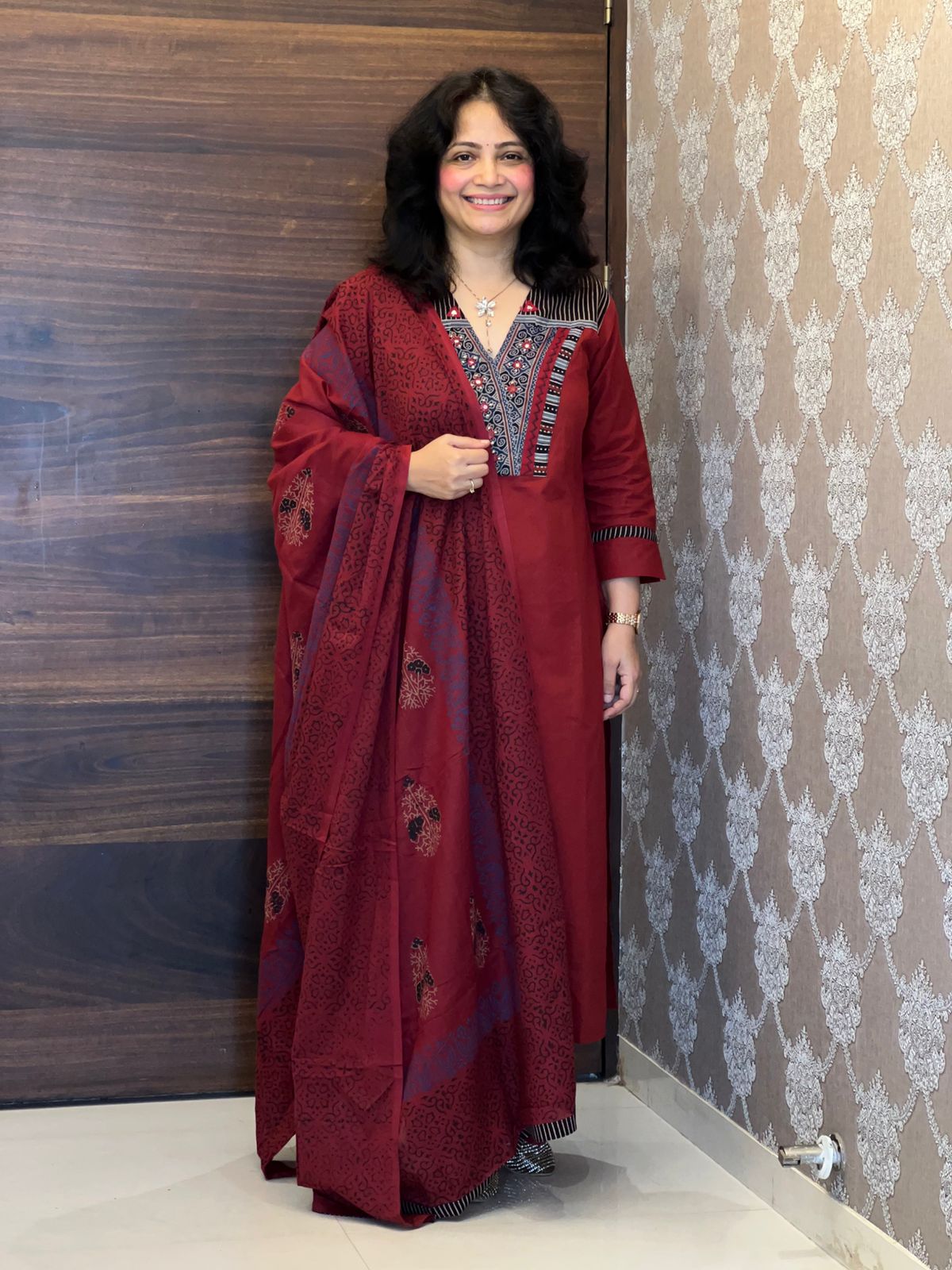 Maroon Color Ajrakh Pure Cotton Dupatta Set