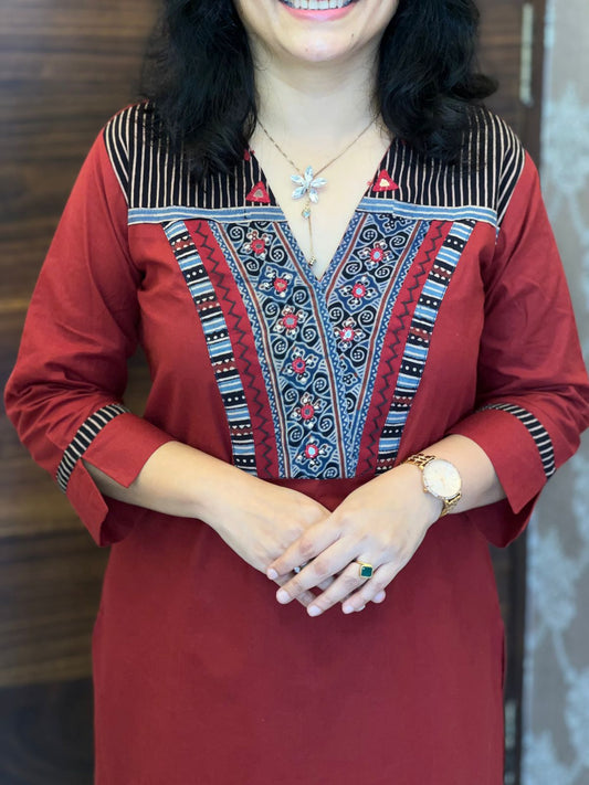 Maroon Color Ajrakh Pure Cotton Dupatta Set