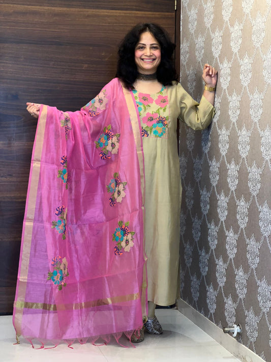 Beige Color Modal Muslin With Pink Dupatta Set