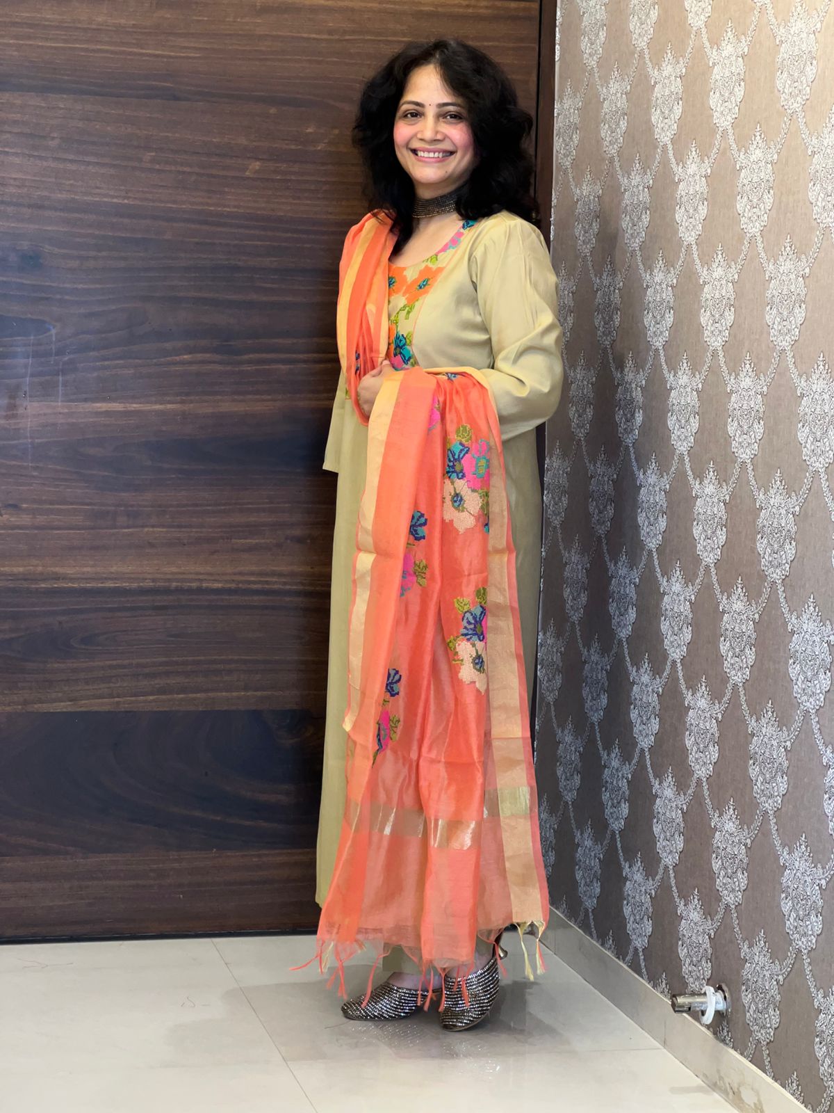 Beige Color Modal Muslin With Orange Dupatta Set