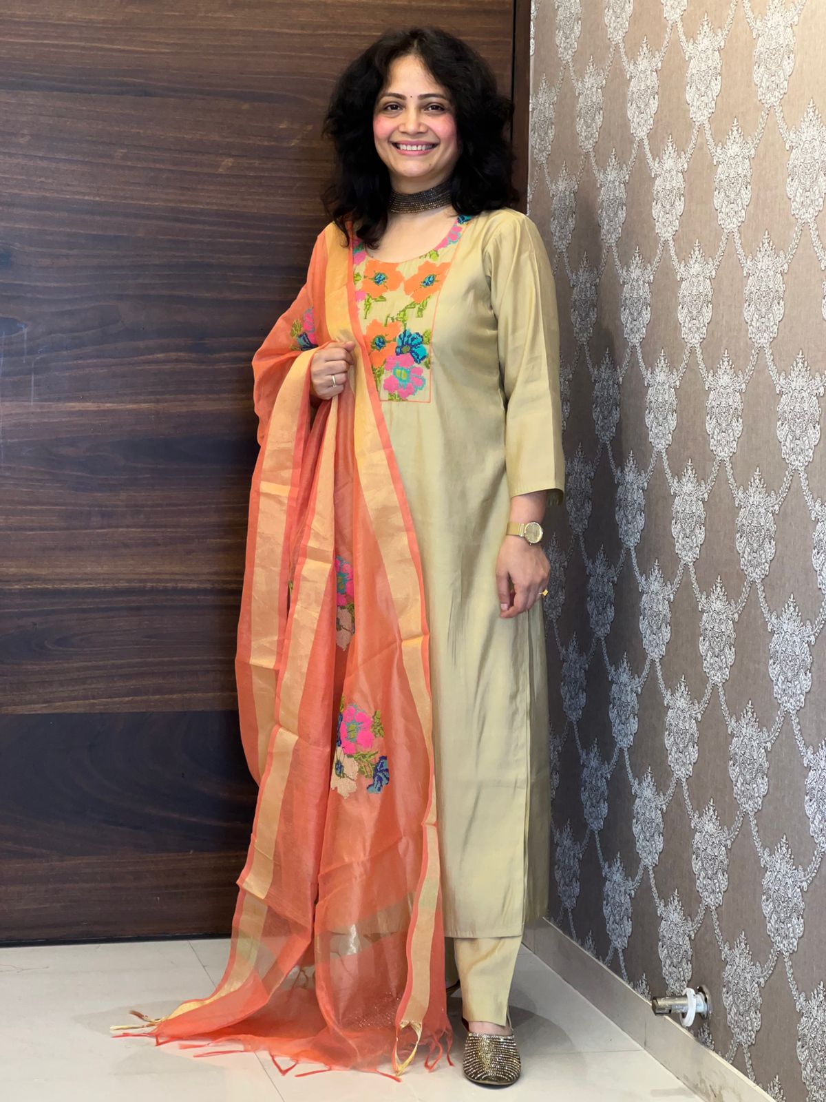 Beige Color Modal Muslin With Orange Dupatta Set