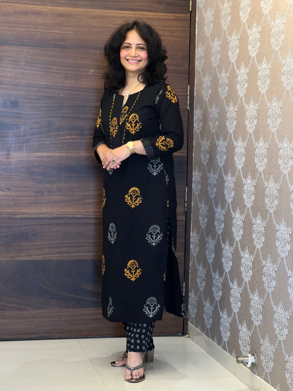 Mustard Yellow Hand-Block Printed Black Color Pure Cotton Dupatta Set