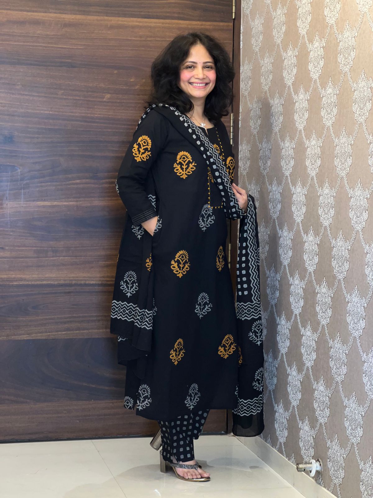 Mustard Yellow Hand-Block Printed Black Color Pure Cotton Dupatta Set