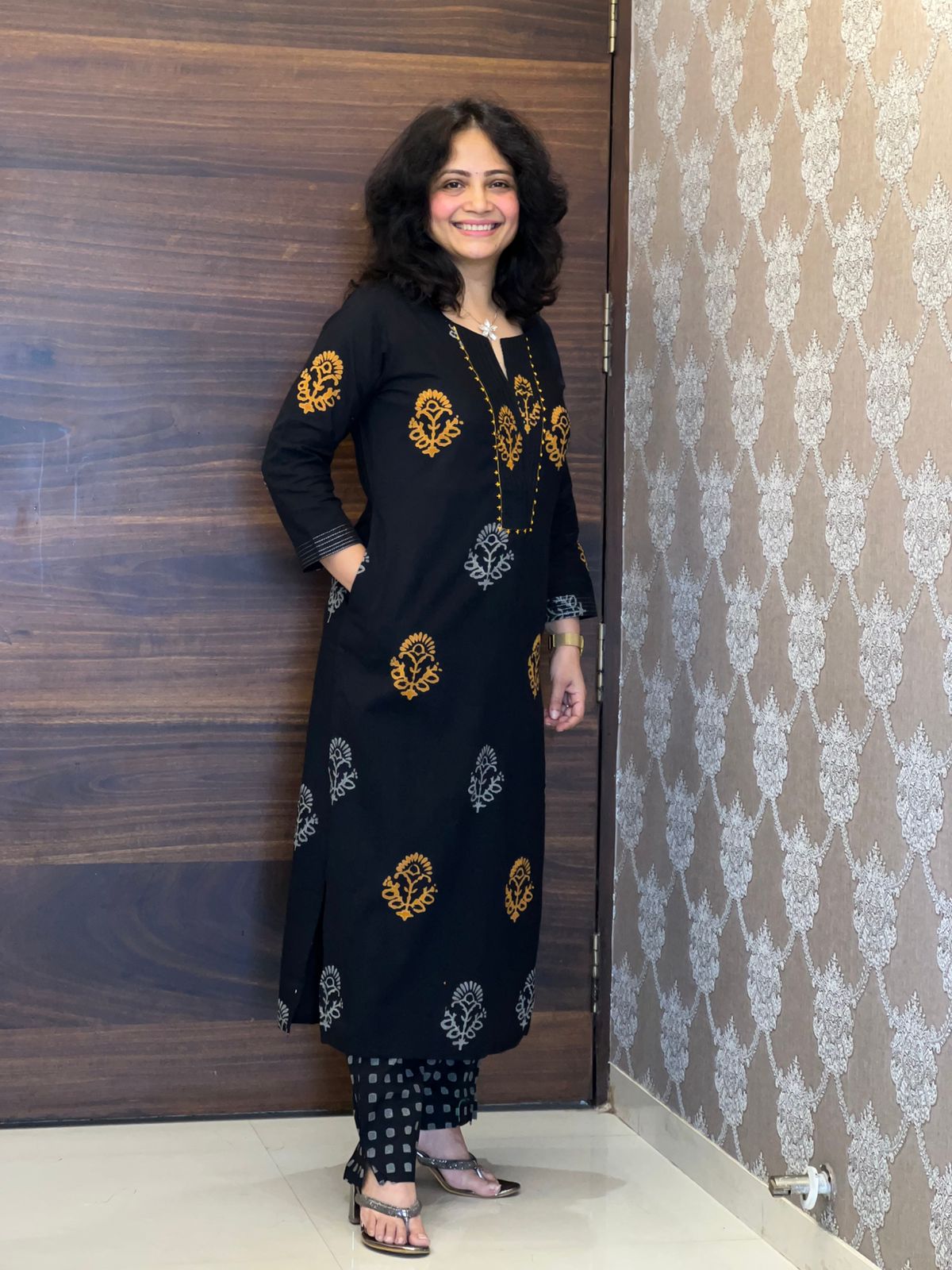 Mustard Yellow Hand-Block Printed Black Color Pure Cotton Dupatta Set