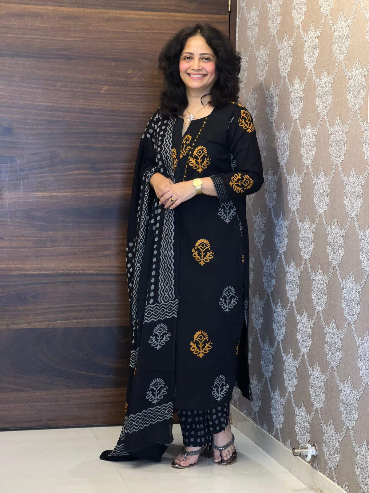 Mustard Yellow Hand-Block Printed Black Color Pure Cotton Dupatta Set