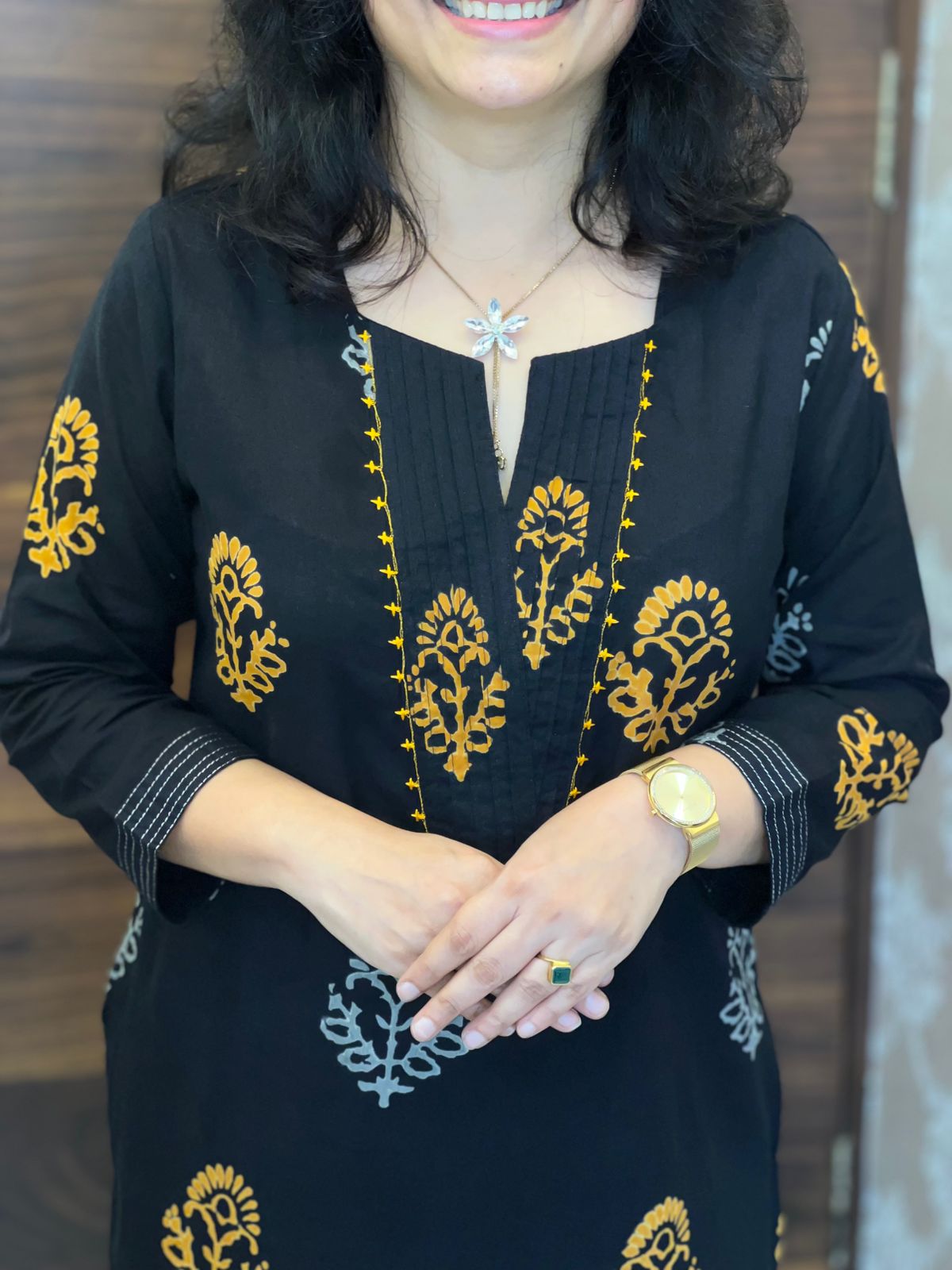 Mustard Yellow Hand-Block Printed Black Color Pure Cotton Dupatta Set