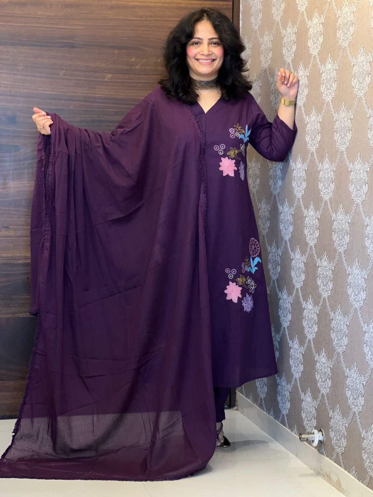 Purple Color Pure Cotton Dupatta Set