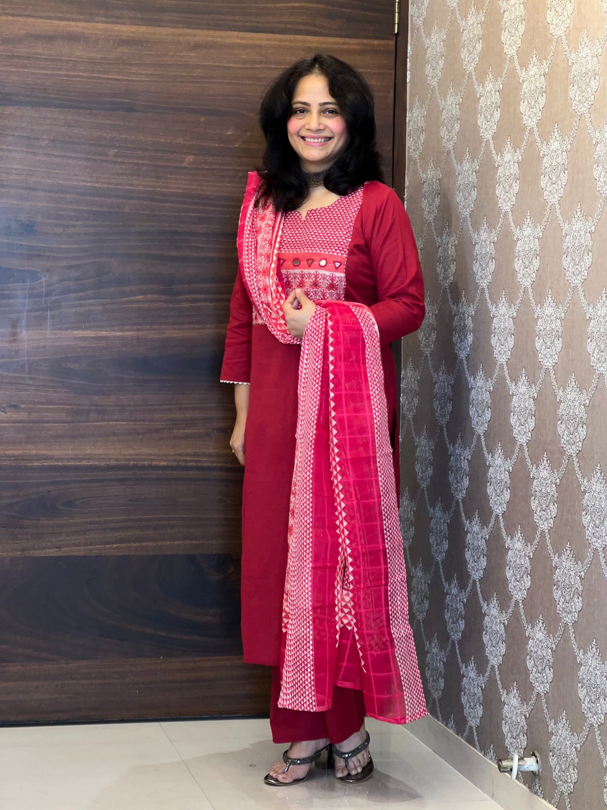 Red Color Cotton Flex Dupatta Set