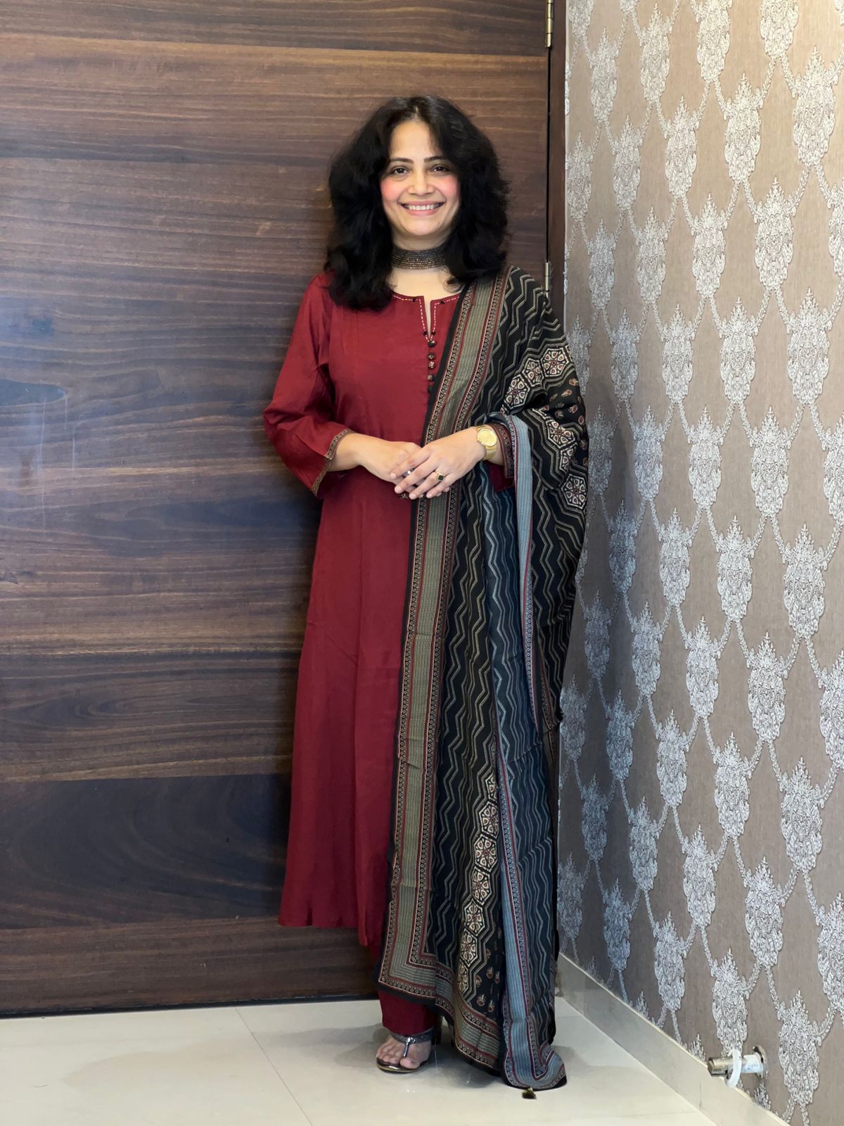 Maroon Color Applique Work Pure Muslin Dupatta Set