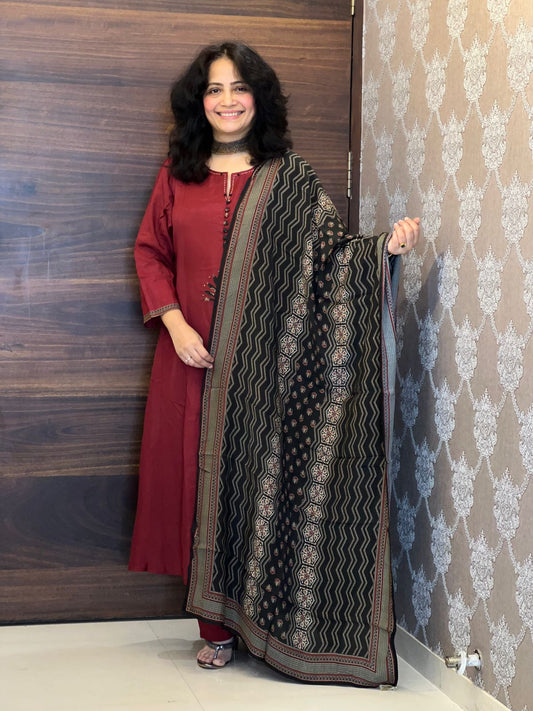 Maroon Color Applique Work Pure Muslin Dupatta Set