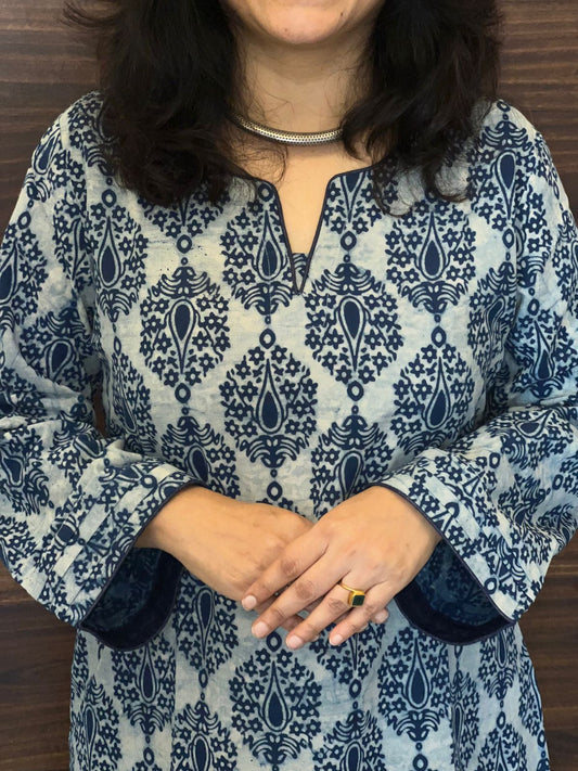 Blue Color Dabu Hand Block Print Pure Cotton A Line Kurti