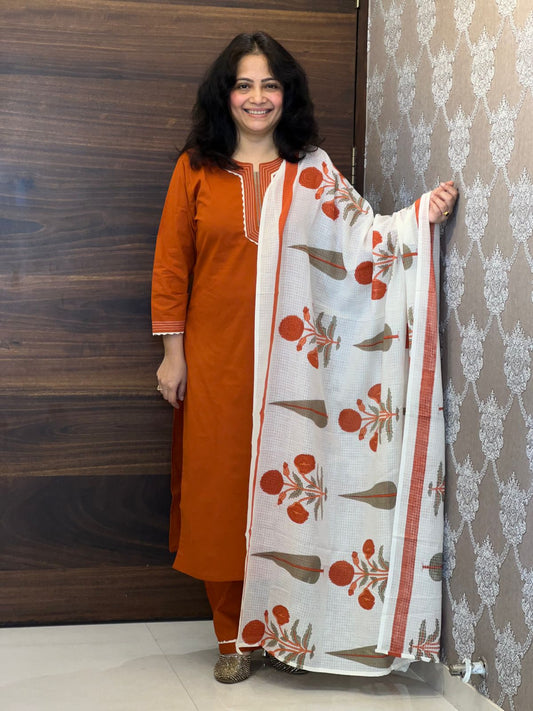 Brown Pure Cotton Dupatta Set