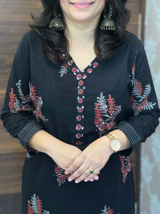 Black Color Block-Printed Pure Cotton Dupatta Set