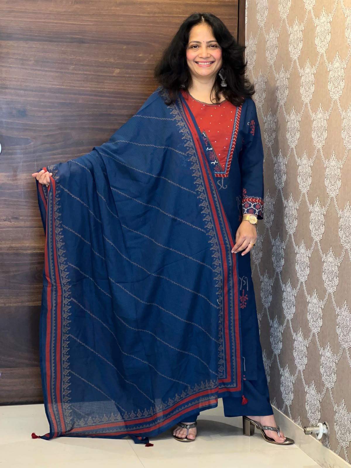 Blue Color Block-Printed Pure Cotton Dupatta Set