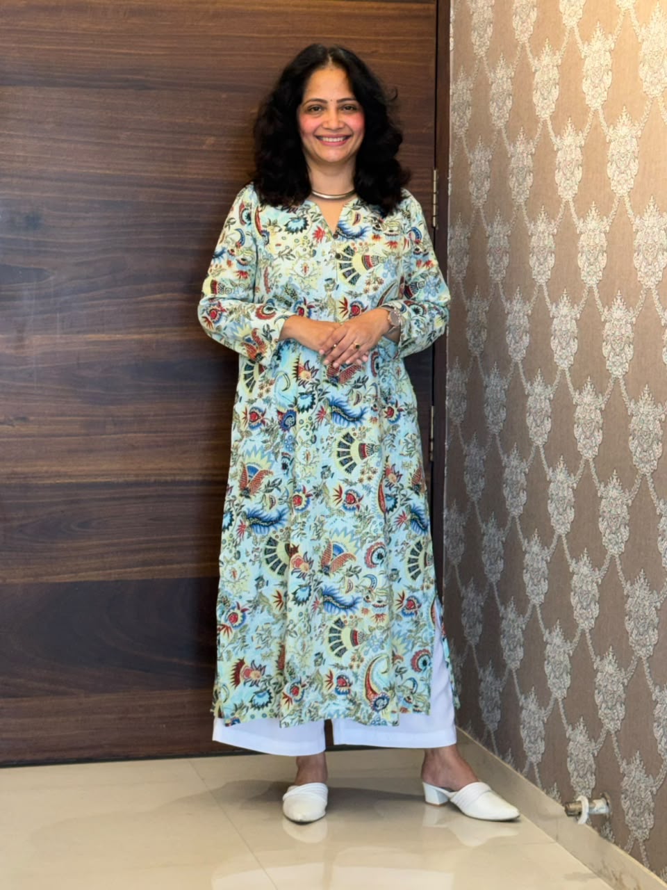 Light Blue Katha Work Pure Cotton A Line Kurti