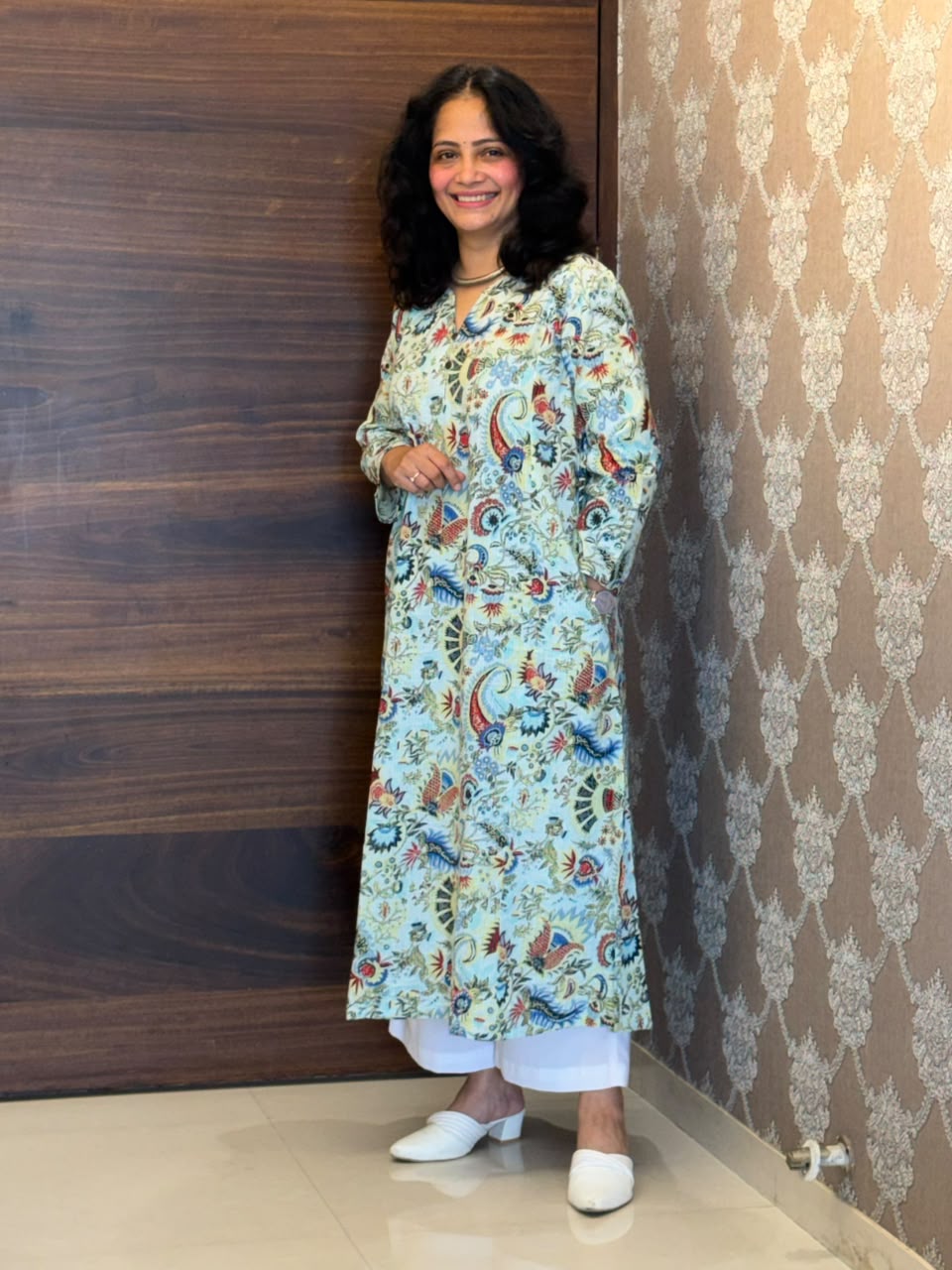 Light Blue Katha Work Pure Cotton A Line Kurti