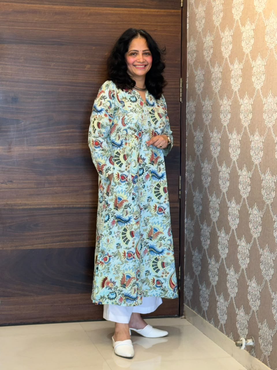 Light Blue Katha Work Pure Cotton A Line Kurti