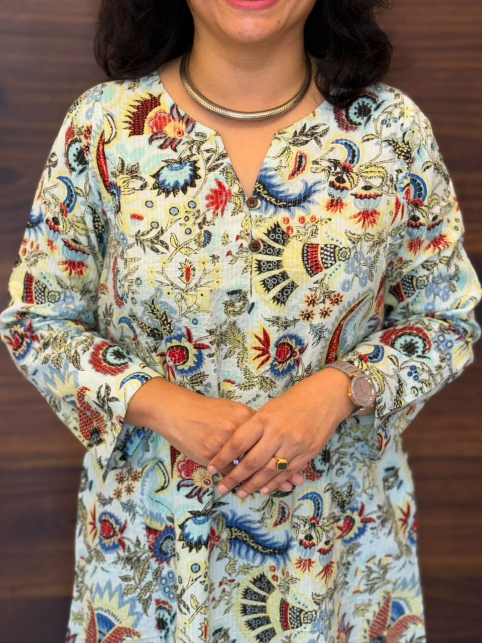 Light Blue Katha Work Pure Cotton A Line Kurti