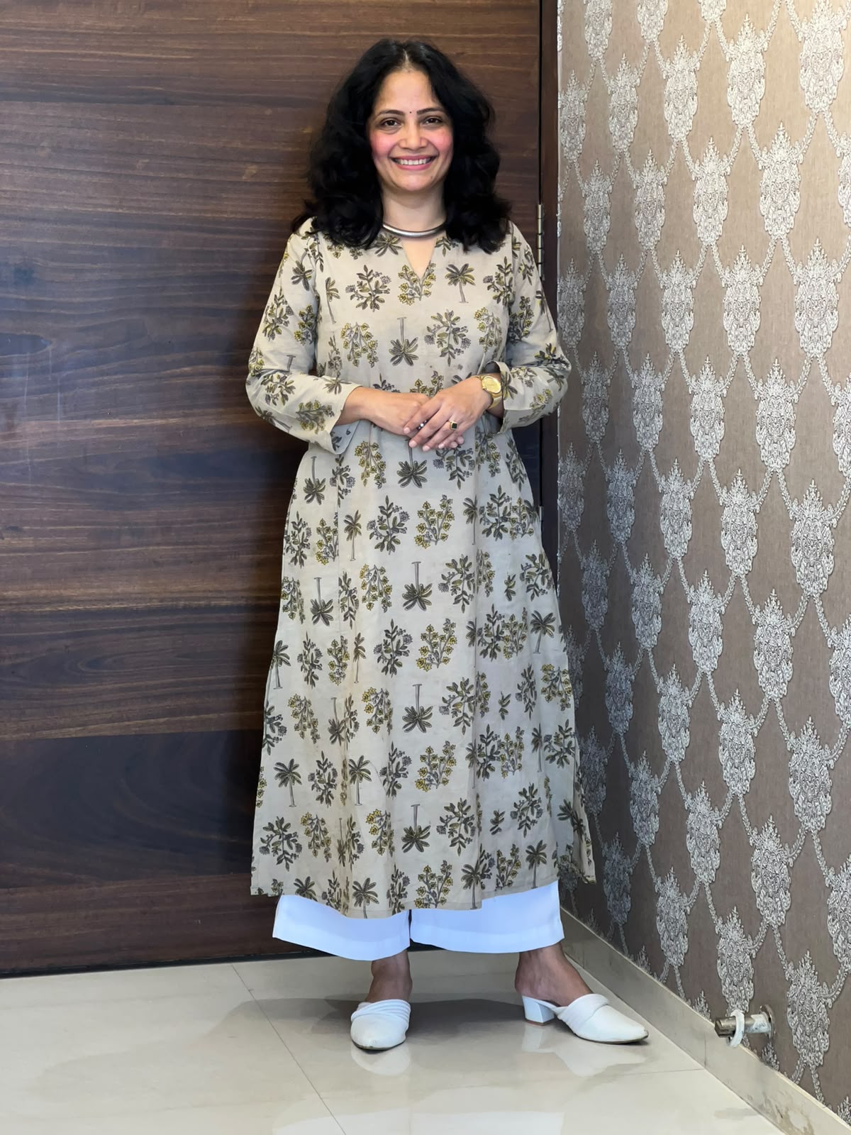 Soft Sage Grey Color Vanaspati Hand Block Print Pure Cotton A Line Kurti