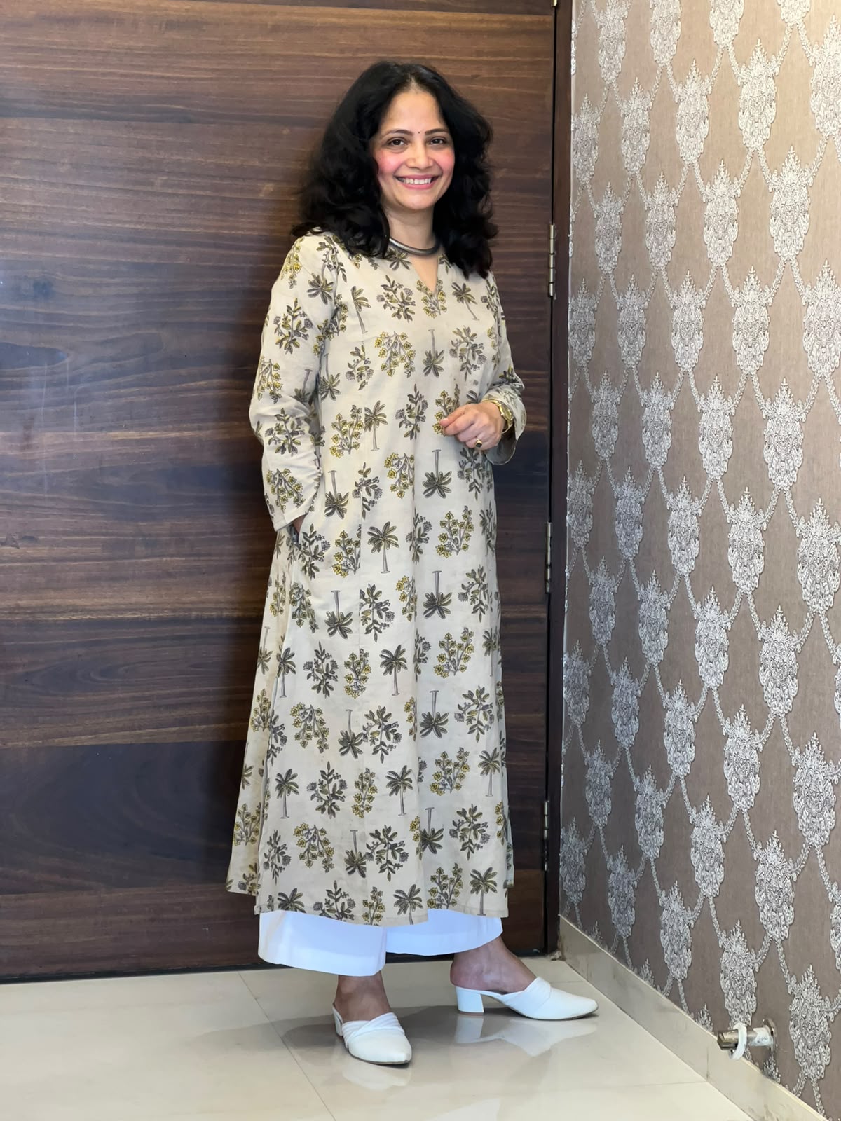 Soft Sage Grey Color Vanaspati Hand Block Print Pure Cotton A Line Kurti