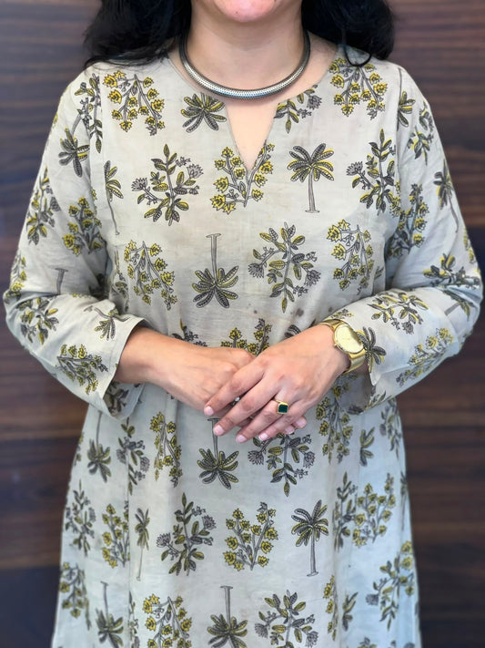 Soft Sage Grey Color Vanaspati Hand Block Print Pure Cotton A Line Kurti