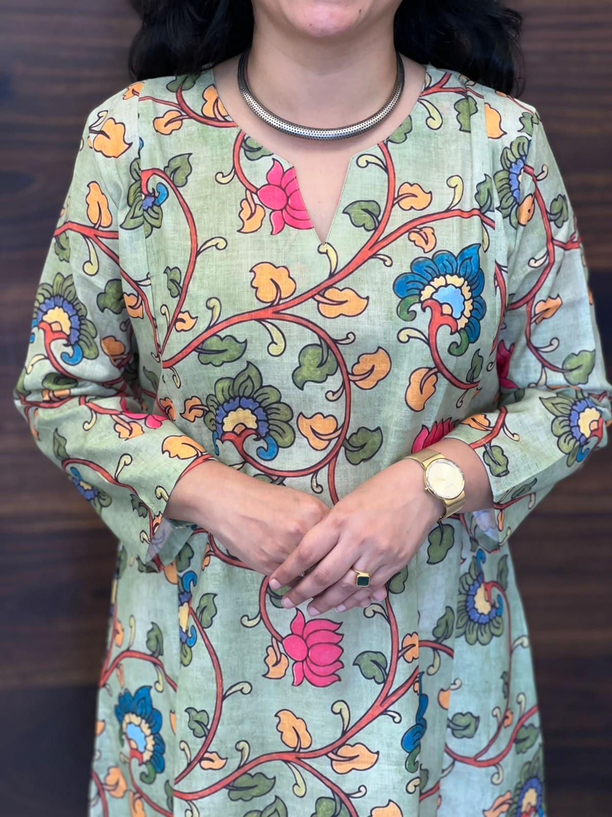 Soft Sage Green Color Linen A-Line Kurti -Round Neck