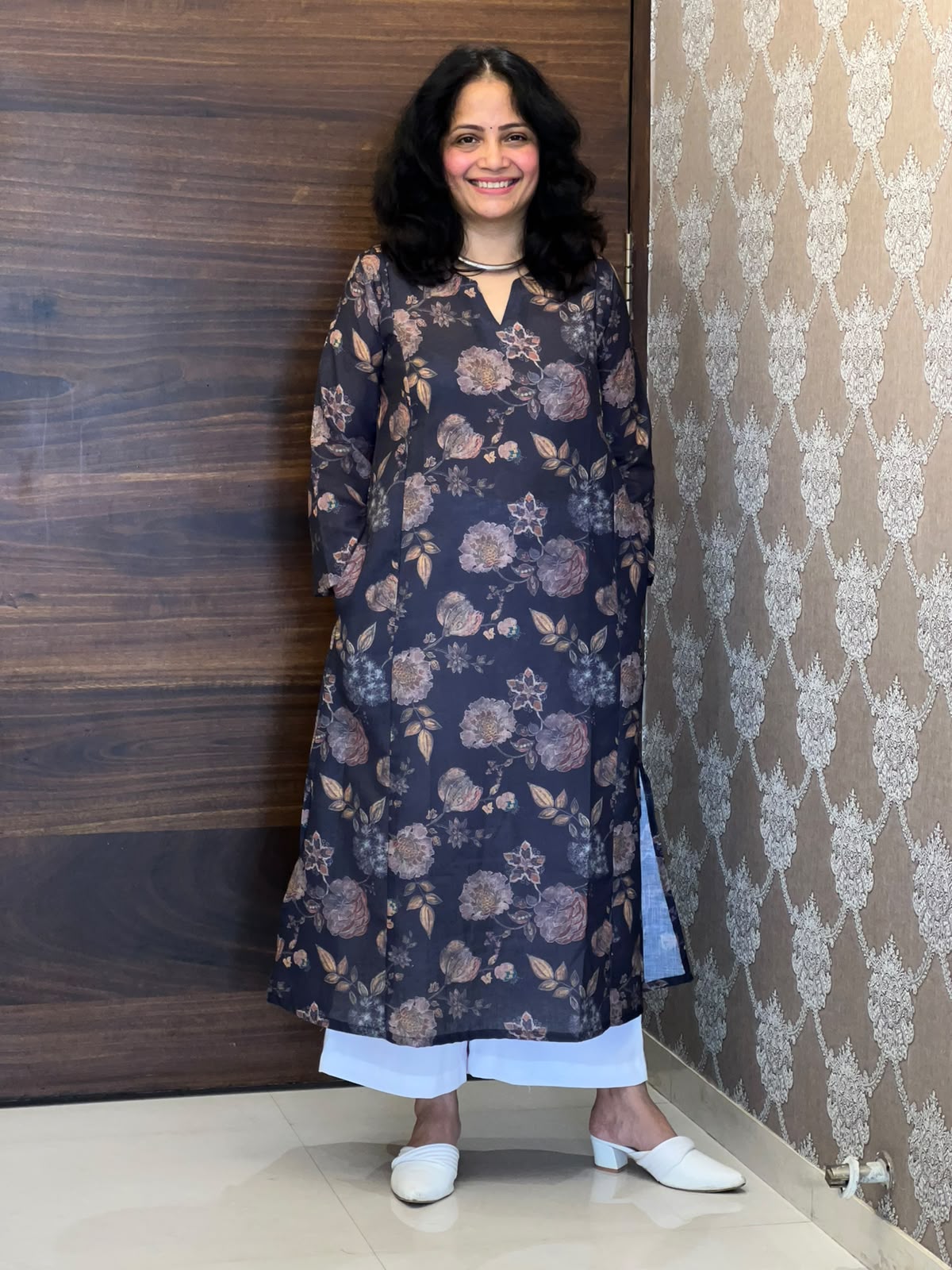 Charcoal Grey Color Linen A-Line Kurti -Round Neck