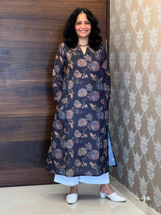 Charcoal Grey Color Linen A-Line Kurti -Round Neck