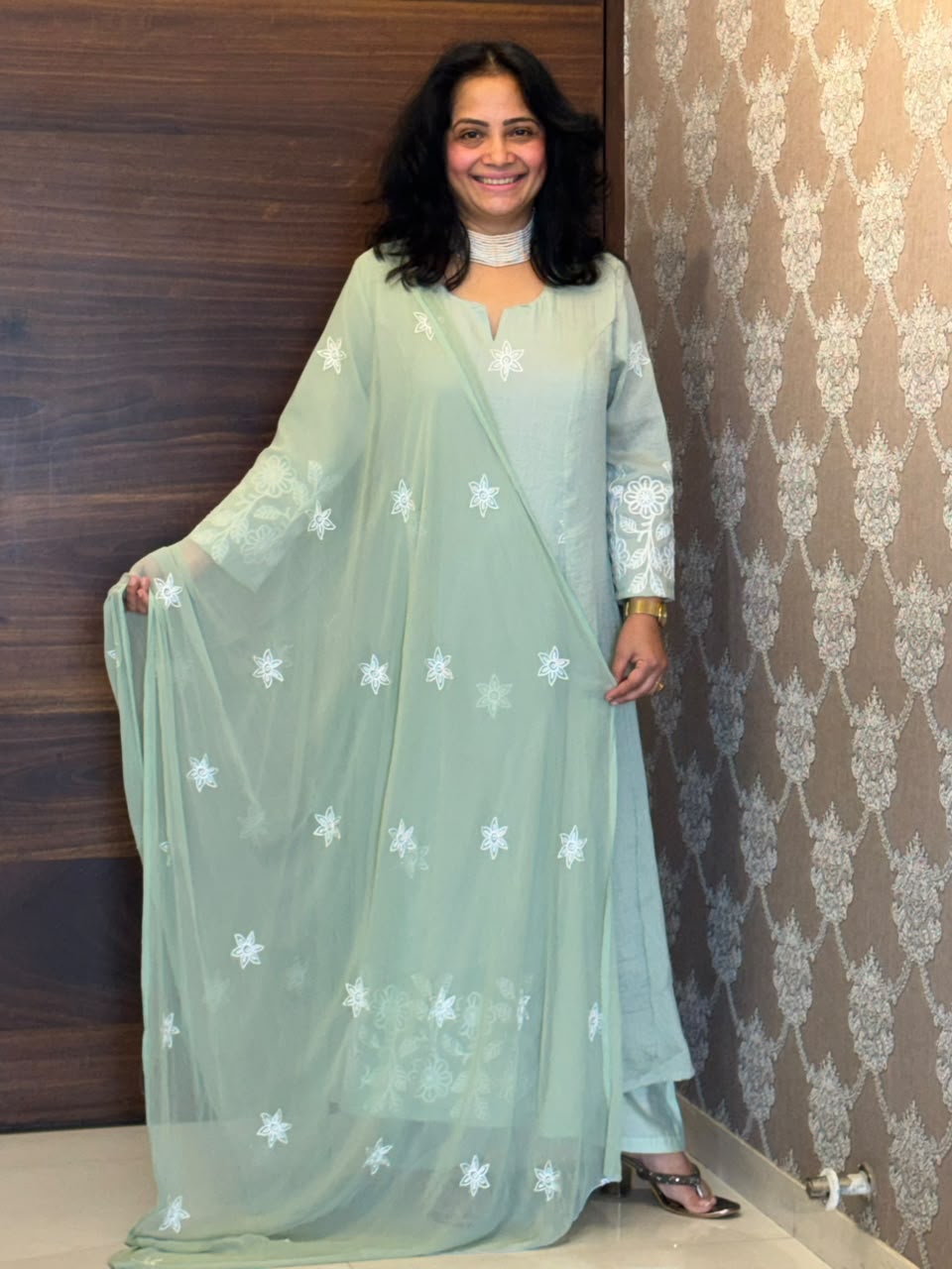Pastel Mint Green Color Mul Chanderi Dupatta Set