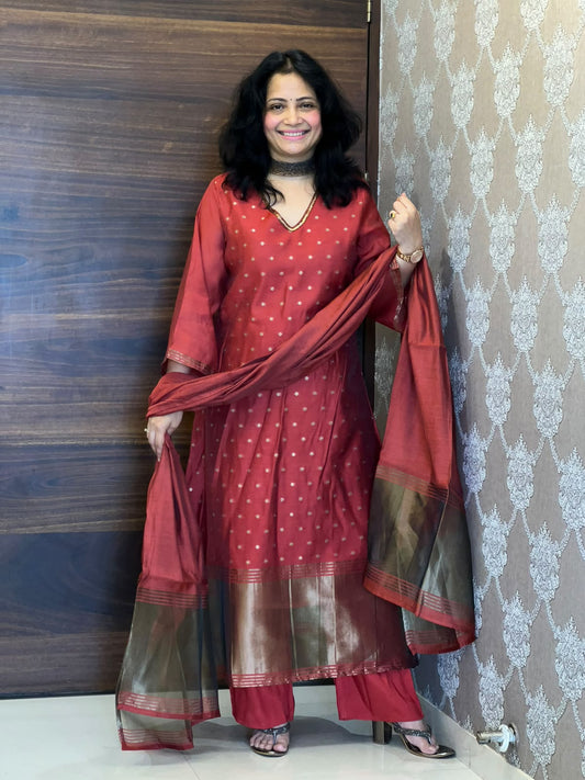 Rust Color Chanderi Silk Dupatta Set