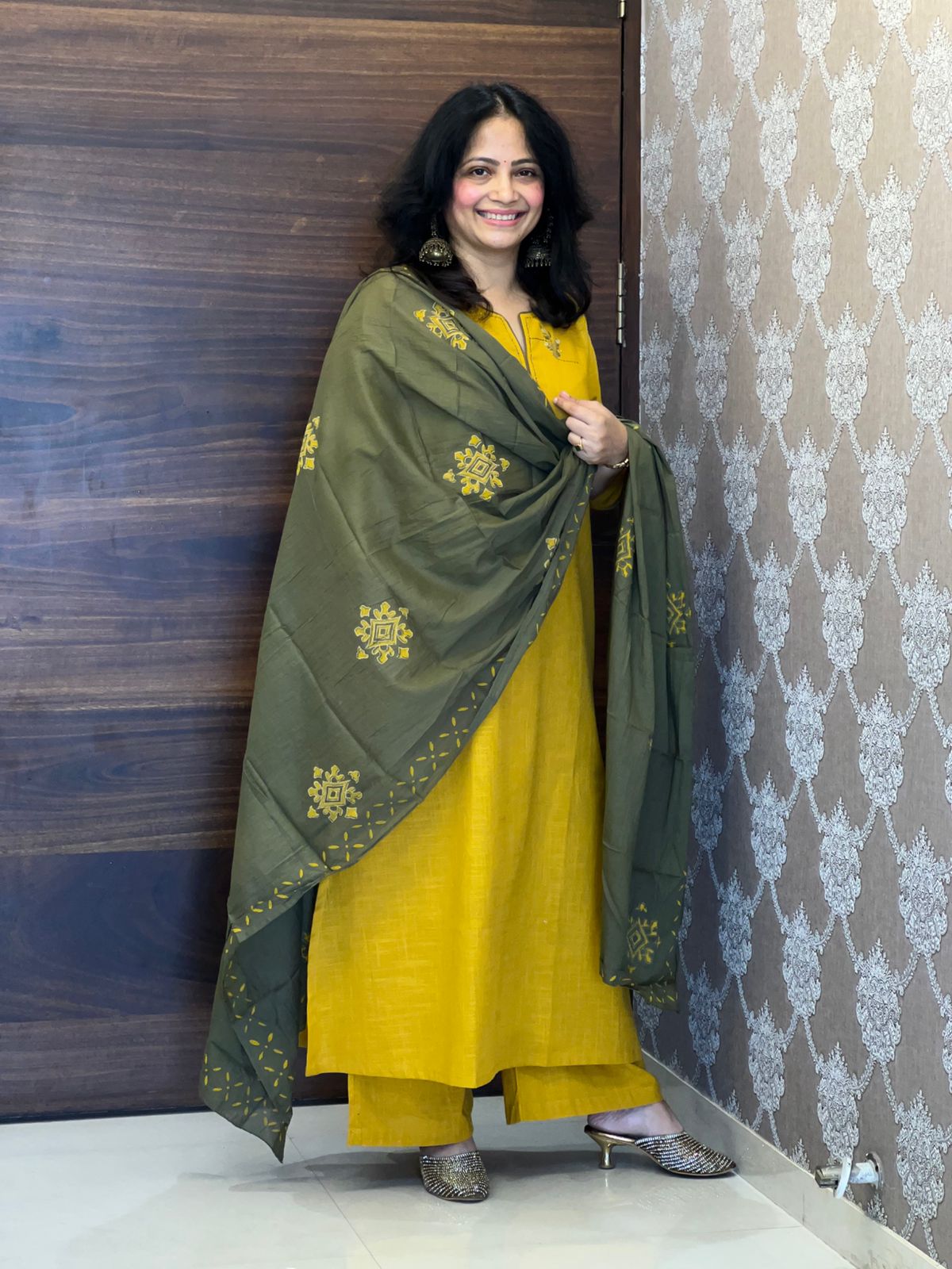 Mustard-Green Colour Cotton Flex Dupatta Set