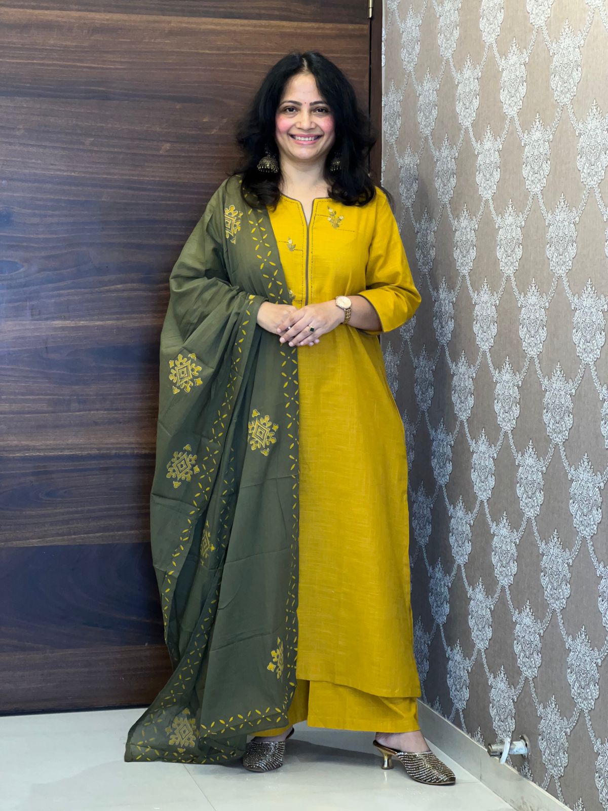 Mustard-Green Colour Cotton Flex Dupatta Set