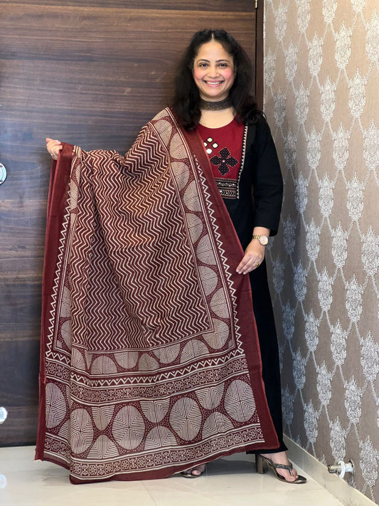 Black-Brown Colour Dabu Cotton Dupatta Set