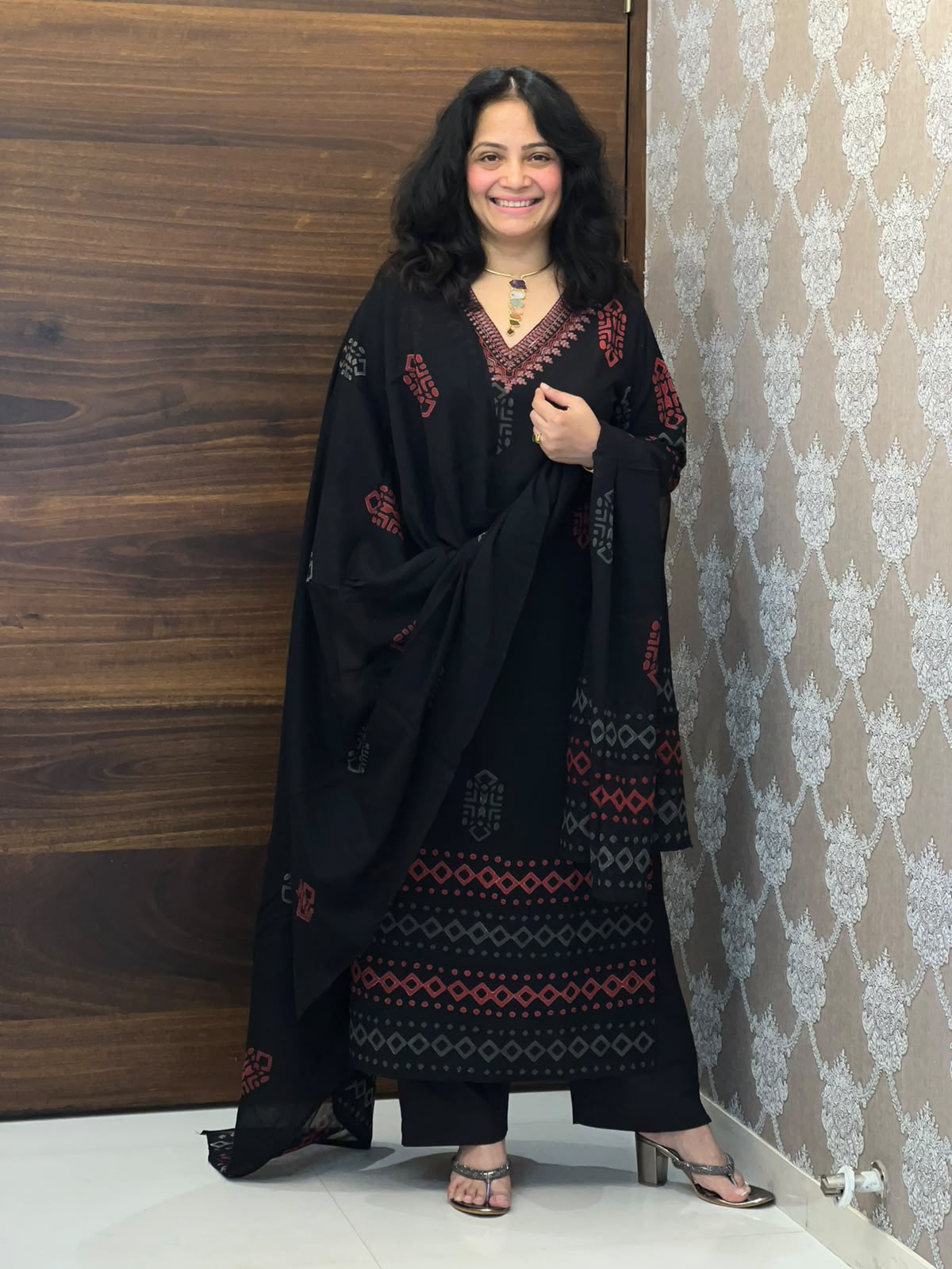 Black Color Block-Printed Pure Cotton Dupatta Set