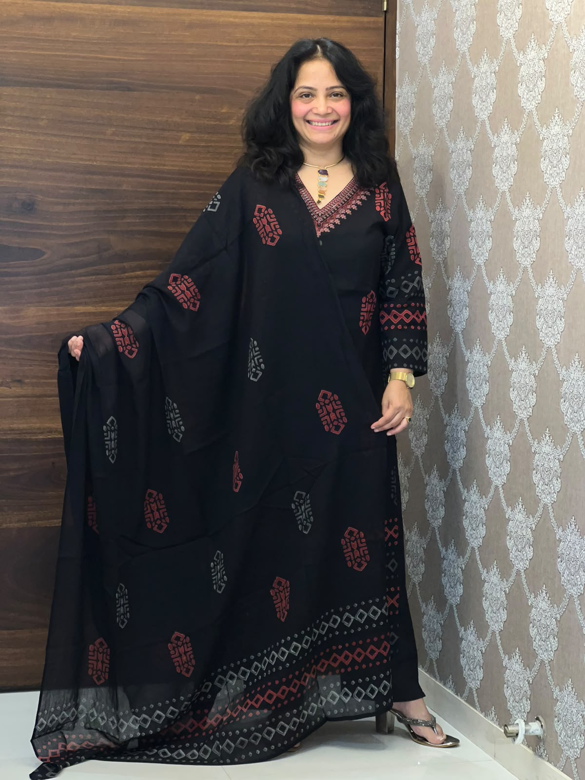 Black Color Block-Printed Pure Cotton Dupatta Set